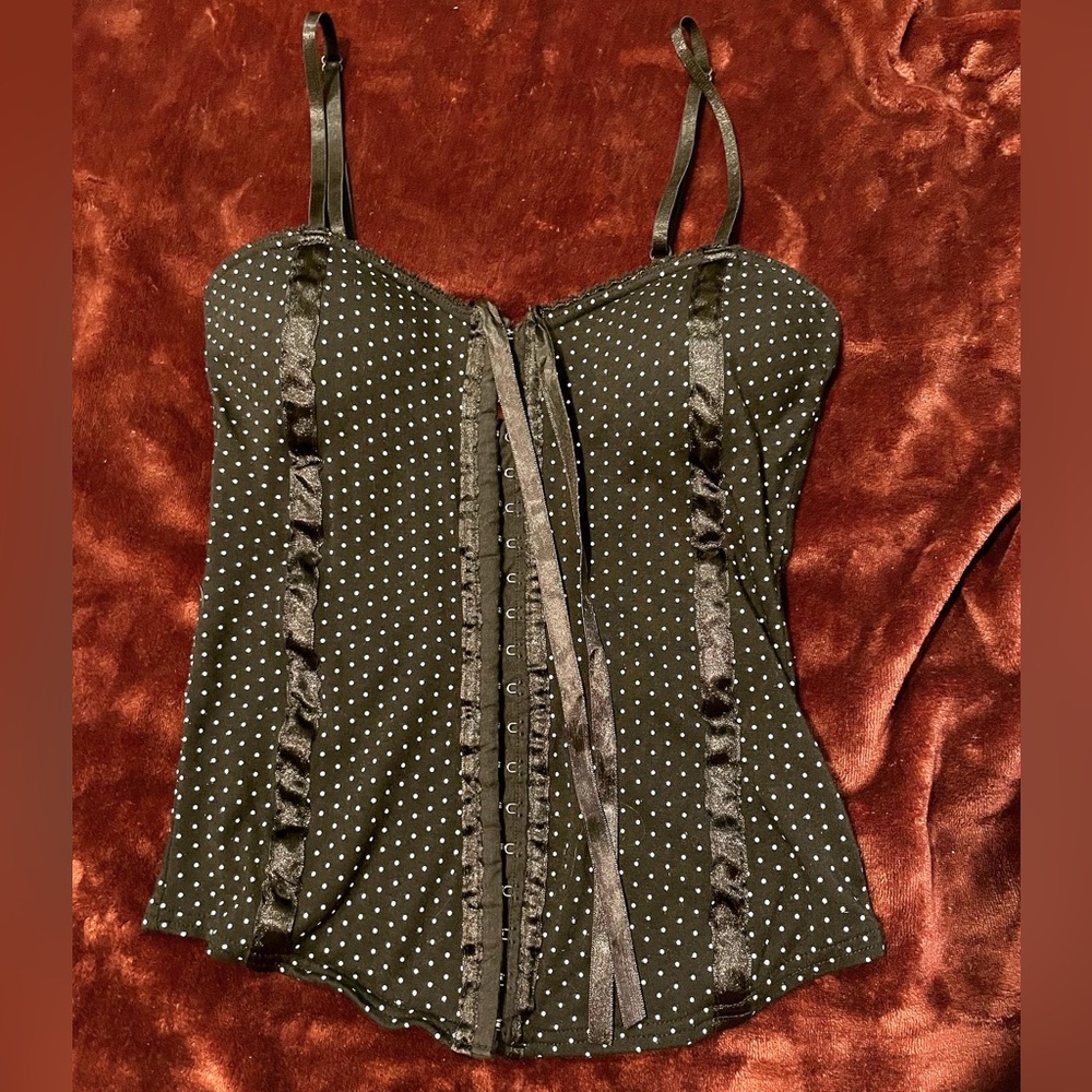 Polka Dot Corset Style Adjustable Strap Built in Bra Tank